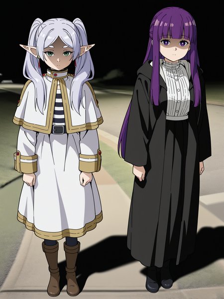 highres, hi res, best quality, masterpiece, 2d, intricate details, 4k, anime coloring, uncensored, shaded, shadow, countershading,
2girls,  eyelashes, nose, bangs, blunt bangs, long hair, purple eyes, purple hair, fern \(sousou no frieren\),
2girls, eyelashes, nose, white hair, silver hair, pointy ears, twintails, parted bangs, long hair, green eyes, frieren, sousou no frieren,
official costume, 
standing, full body, outdoors, why dis ninja look so mad \(meme\), sisters, shaded face,
depth of field, black background, <lora:Madness_ILXL:1>,