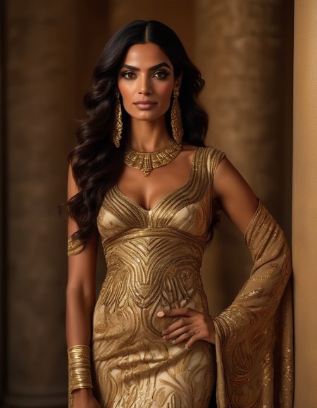 A full-body shot of a tall, elegant Egyptian woman in a flowing, gold-embroidered gown. Her dark hair is styled in loose waves, and she stands with a regal posture, her deep brown eyes framed by dramatic eyeliner. Her expression is one of serene confidence. <lora:usual-portrait-v2:1>