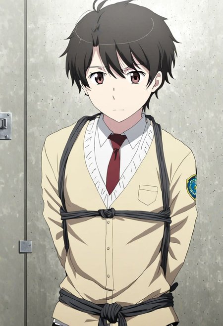high resolution, solo, best quality, 1Boy, Inaho Kaizuka, Black Hair, Brown Eyes, arrested, restrained, struggling, tied, interrogation, interrogation room, OverallDetail