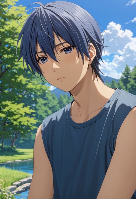 Tomoya Okazaki, masterpiece, best quality, (1boy), solo, male focus, High definition, grey blue hair, 4K, narcissistic, outdoors