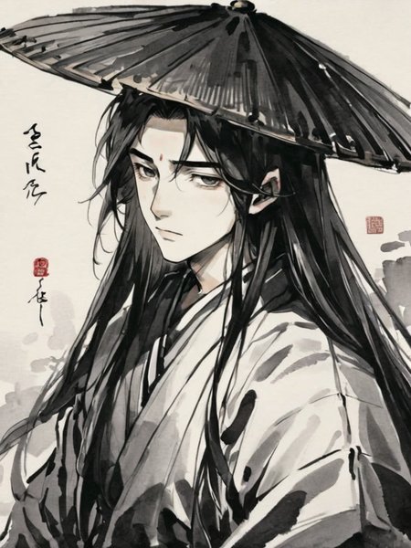 <lora:xl_shuimo-000012:1>,ink wash painting style, solo, male focus, 1boy, hat, long hair, monochrome, upper body, closed mouth, japanese clothes, signature, looking at viewer, black hair