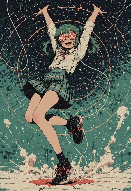 1 girl, happy, blush,  funny, open mouth, fujoshi miku, fujoshimiku, green hair, twintails, opaque glasses, coke-bottle glasses, white shirt, red ribbon, pleated skirt, plaid skirt, socks, long legs, big eyes, high jump, bent knees, arms up, flat color, pop art, clean lineart, yoneyama mai, ahoge, shoujo style, flat coloring, soft, cinematic angle 
sinozick style, flat color, in the style of cksc, illustration, masterpiece, (extremely detailed CG 8k), (very fine 8K CG), (ultra detailed perfect piece:1.2), lat color, no lineart,,(no lineart, flat art style:1.0), NO_LINE_ART, comical, simple,
 <lora:Sinozick_Style_XL_Pony:0.35> <lora:NOOB_vp1_detailer_by_volnovik_v1:1> <lora:ponyv6_noobV1_2_adamW:0.9> <lora:ck-shadow-circuit-IL:1>