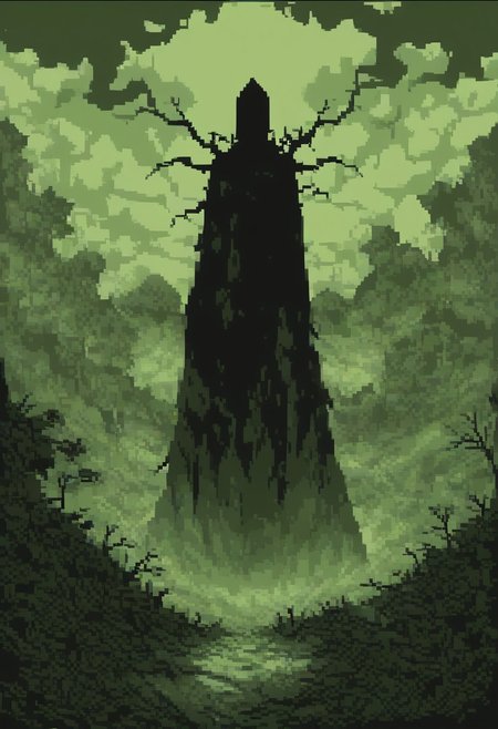 score_9,score_8_up,score_7_up
green theme, 
solo, knight, scythe,
foreshortening, warped perspective, fisheye,
bosstyle, 
collumns, foliage, 
smoke, 
red sigils, magical sigils, 
pixel, commodore, 
terror, horror, eerie,
bosstyle, (health bar)
female focus, cape, from behind, 
(((teal))), mist, fog, haze, 
pixel, green theme, monochrome,