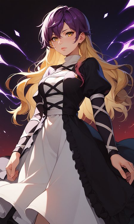 score_9, score_8_up, score_8, score_9, 1 girl,  source_anime, hijiri byakuren, <lora:byakuren_hijiri_pony-10:0.8>, purple hair, blonde hair, two-tone hair, black dress, white dress, layered dress, cross-laced clothes, long hair, yellow eyes,  <lora:incase_style_v3-1_ponyxl_ilff:0.8>
