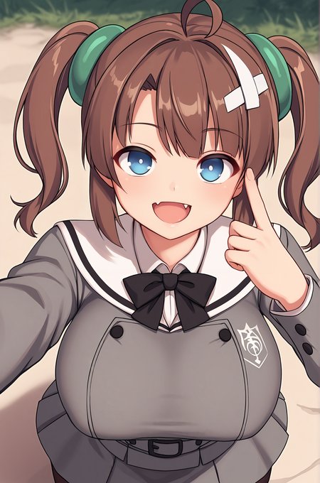 anime artwork, score_9, score_8_up, score_7_up, source_anime, BREAK, thick outline, fat outline,
Minori_XL, blue eyes, brown hair, white hair ornament, green scrunchie, twintails, huge breasts, ahoge, fang, BREAK, Minori_school, school uniform, white sailor collar, grey jacket, black buttons, grey skirt, skirt frills, neck ribbon, grey belt, black pantyhose, grey loafers, BREAK, outside, selfie, from above, 
 <lora:Minori_XL:0.7>
<lora:PersonalAmi_PonyXL:1.0>