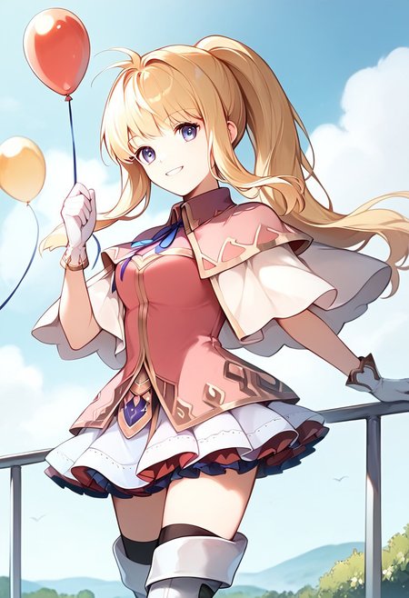 score_9, score_8_up, score_7_up, highres, (best quality:1.1), masterpiece, absurdes, multiple girls, utdoors, sky, solo focus, day, cloud, 1girl,  blue sky,balloon, roller coaster, <lora:ClarineFE-pdxl:1> altClarine, long hair, ponytail, sidelocks, pink shirt, capelet, neck ribbon, frilled skirt, white gloves, black thighhighs, white thigh boots,smile, (upper body:1.2)