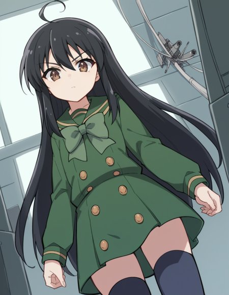 score_9, score_8_up, score_7_up, source_anime, <lora:shakugan-no-shana-s3-ponyxl-lora-nochekaiser:1>, shana, long hair, black hair, brown eyes, ahoge, sidelocks,, school uniform, serafuku, green serafuku, bowtie, green bowtie, green shirt, green sailor collar, long sleeves, green skirt, buttons, thighhighs,, factory, machines, workers, assembly, production, , from below, looking at viewer, solo,, dutch angle, cowboy shot