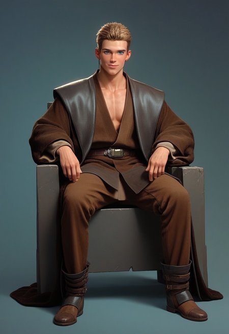 score_9,score_8_up,score_7_up,score_6_up, 1boy, boy,(handsome, cute) solo, blue eyes, blond hair, sitting on chair, smug,, very short hair,(muscular body:0.9)), Sci-fi Environments, Sci-fi chair, jedi robe, 1boy, male focus, full body,  jedi robe, belt, brown clothes, robe, coat, Coruscant