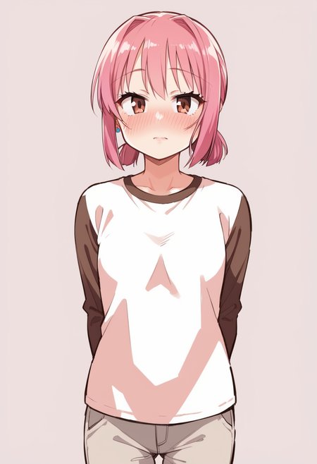 score_9, score_8_up, score_7_up,source_anime,(close up:1.3), front view,
 1girl,pink hair, brown eyes,, slender, tsurime, jitome, blush,nose blush, arms behind back,  closed mouth ,simple background,, outdoors, , looking at viewer, earings, looking at viewer,brown long  sleeve shirt, tyontyon, clothed, (pants:1.1) , gray pants <lora:tyontyon-02:1.1>