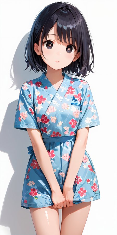 score_9, score_8_up, score_7_up,source_anime, high res image,masterpiece,best quality,girl,cute face,clear skin,shiny hair,ultra detailed eyes,simple background, 
 <lora:jinbei_Pony_V1.0:0.7> jyojifuku, floral print, short sleeves