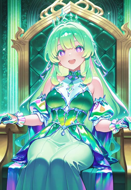masterpiece, best quality, high quality, intricate, 
1girl, Neneya Green, green hair, purple eyes, x-shaped pupils, solo, medium breasts,
(pastel green theme:1.2), green iridescent, blonde princess, made of iridescent (green puffy gown), made of iridescent gloves, iridescent crown, happy smile,
(made of iridescent palace, iridescent throne, iridescent room), (sparkles, sparkling iridescent), sharp focus, (glossy made of iridescent clothing, glittering made of iridescent fabric),
cowboy shot, sitting, highly detailed, majestic, shallow depth of field, movie still, hard light, circular polarizer, colorful, wallpaper, anime
