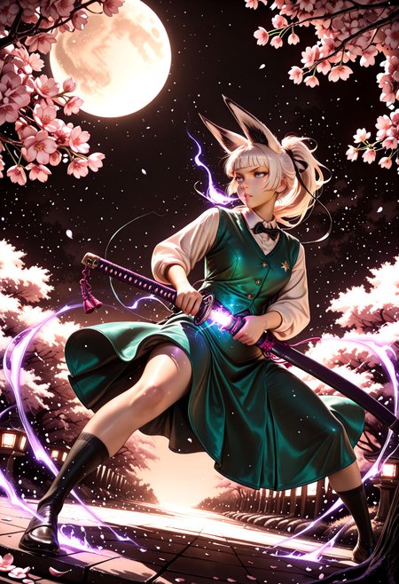 Smooth Quality, (sepia:1.5), glowing particles, 1girl, solo, fox ears, white fur, white hair, ponytail hair, blunt bangs, blue eyes, v-shaped eyebrows, parted lips, heavy breathing, black ribbon, black bowtie, white shirt, collared shirt, green vest, green skirt, socks, beautiful face, beautiful eyes, detailed eyes, glossy lips, glossy hair, (full body:1.1), (release particles light:1.1), (floating particle light:1.1), purple glowing aura body, purple magic array, accurate anatomy, ultra detailed face, luminous ghost, katana, (detailed katana:1.2), sheath, drawing a katana, unsheathing a katana, (battoujutsu stance:1.1), dynamic pose, fighting stance, ready to draw, cherry blossom tree, cherry blossoms, blowing in the wind, windy, midnight, dark background, moon light, dutch angle, dynamic angle, (soft lighting:1.1), stars, <lora:Smooth_Booster:0.5>,  <lora:Smooth_Lighting_Enhancer:0.5> <lora:Kyu_Yong_Eom_Style_-_Illustrious:0.6> <lora:All_Disney_Princess_-_Illustrious:0.2>