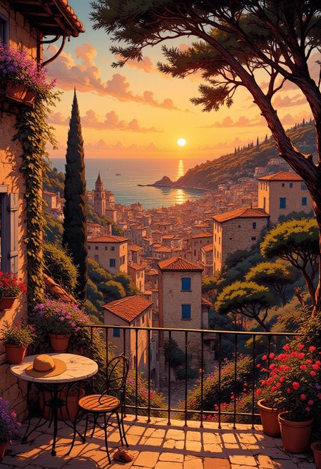 Sunset in a French Riviera Village
"The golden sun dips toward the horizon, casting long shadows over a wrought iron terrace in a French Riviera village. A wide-brimmed straw hat rests forgotten on an empty chair, swaying gently in the evening breeze. The scent of lavender lingers in the warm air as the last rays of sunlight reflect off the Mediterranean’s rippling surface. The village’s stone houses with blue shutters glow amber in the fading light, their windows dark and watchful. A distant church bell chimes, though the streets remain eerily silent."