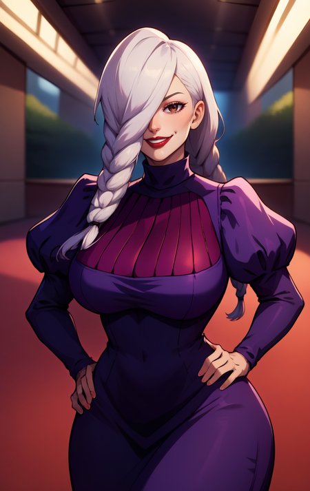 score_9, score_8_up, score_7_up, BREAK,   <lora:MeimeiSDXL:1> MeimeiSDXL, 1girl, solo, long hair, breasts, looking at viewer, smile, brown eyes, large breasts, long sleeves, dress, braid, puffy sleeves,white hair, black dress, hair over one eye, blurry, black dress, hand on hip, makeup, blurry background, lipstick, juliet sleeves, purple dress, curvy, wide hips, braided ponytail, red lips, braided bangs, turtleneck dress
