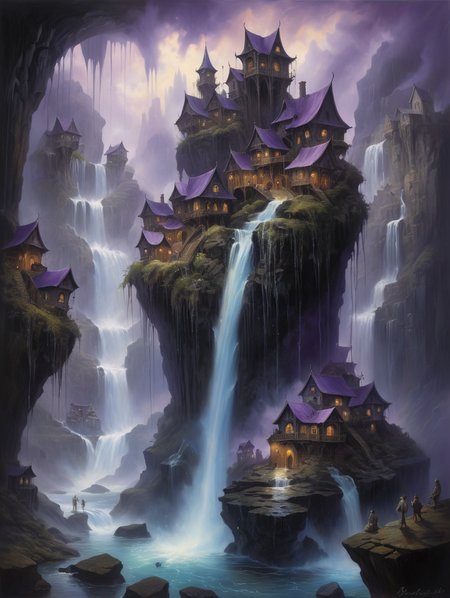 oil painting ,A city built on a series of dazzling waterfalls, dramatic clouds, dark clouds, (misty:1.5), fog rolling in, creepy atmosphere, dramatic light, (darkness:2.5), 34K uhd, masterpiece, high detail, 8k, intricate, detailed, high resolution, high res, high quality, <lora:add-detail-xl:1.8>, highly detailed, Extremely high-resolution details, fine texture,