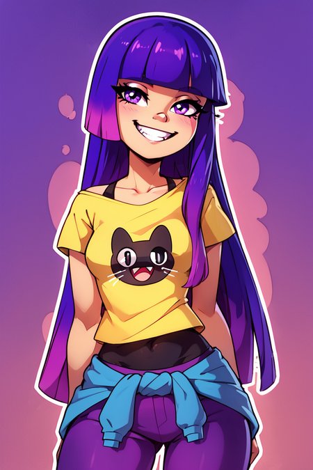 score_9, score_8_up, score_8, medium breasts, (curvy), cute, eyelashes,       BREAK, ,  ,,, zzMiko, long hair, purple hair, blunt bangs, multicolored hair, yellow shirt, short sleeves, t-shirt, print shirt, off shoulder, animal print, jewelry, purple pants, blue jacket around waist,  <lora:MikoKubota_PDXL_v2:0.8>,  ,,,  , BREAK, smile, looking at viewer, ,,, abstract background, white outline, cowboy shot, ,,, embedding:zPDXL, Expressiveh, ,,, <lora:CatalystStylePDXL:0.6>, <lora:SDXLFaeTastic2400:0.5>, <lora:Expressive_H-000001:0.4>,