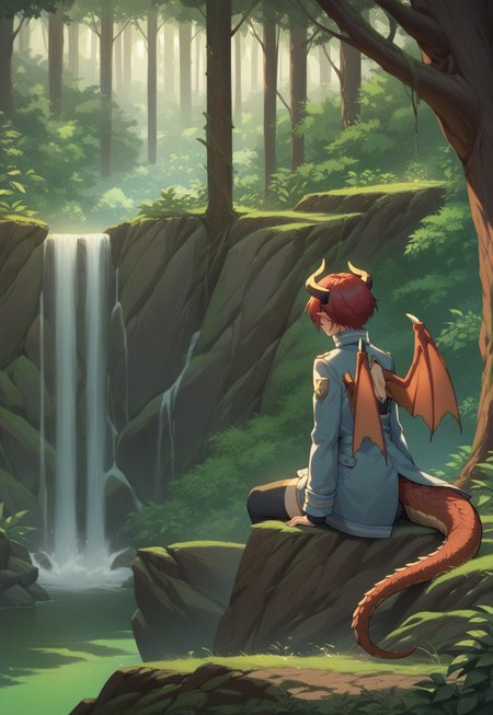 safe_pos, score_9, score_8_up, score_7_up, score_6_up, 1girl, grea, large breasts, dragon tail, dragon wings, dragon horns, pointy ears, short hair, cozy coat, back clothing cutout, plain black thighhighs, zettai ryouiki, red hair, forest clearing, huge lake, beautiful scenery, sitting on ledge, elevated position, from behind, back, from side, profile, epic light, (((distant view, wide shot, far away))), waterfall, steppe background