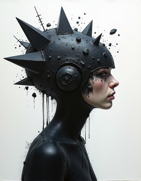 white and black, oil painting, from the waist up profile, sharp focus, (biopunk:1.3) and (dark fantasy:0.5) and (retrofuturism:1.1),
unusual face or head or helm or headdress. flowing resin, melted vinyl, pieces of coal.
saturated dirt color background. 
gemetric shape on deep white background.
in the style of gerald brom and Joseph Cross.
The painting features dark tones, side lighting, high contrast, clean lines, high resolution, and high detail.