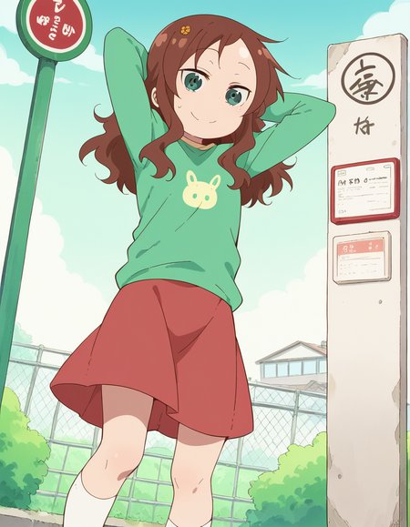 score_9, score_8_up, score_7_up, source_anime, <lora:riko-saikawa-s2-ponyxl-lora-nochekaiser:1>, riko saikawa, long hair, brown hair, green eyes, hair flower, hair ornament, flower,, skirt, shirt, long sleeves, red skirt, white socks, green shirt,, bus stop, waiting, commuter, smartphone, checking time, cold morning, smile, looking at viewer, hands behind head,, solo,, dutch angle,