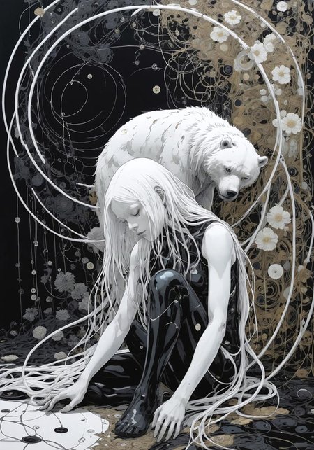 Blame! by Tsutomu Nihei despair and death everywhere, inside a black bubble, black symbiote on a slender angry white long hair sleeping, girl with cyborg face, fetal position, white bear puppy in background, speceship hallway, flower patterns, circles, dark atmosphere, despair and death everywhere, buttons and mashines in background, cables and tubes everywhere
easynegative, ng_deepnegative_v1_75t