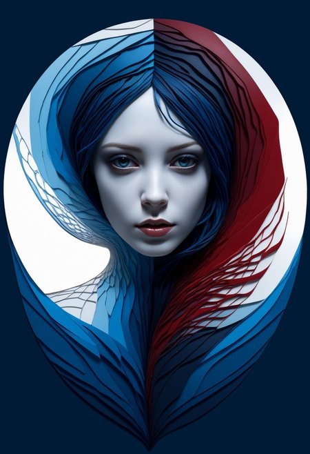 layered papercut, mysterious face, an exotic woman in artsy clothing, fading backlit background, (deep sea fading white to deep blue/red), alluring goddess, by Minjae Lee, Carne Griffiths, Emily Kell, Steve McCurry, Geoffroy Thoorens, Aaron Horkey, Jordan Grimmer, Greg Rutkowski, amazing depth, double exposure, surreal, geometric patterns, intricately detailed, bokeh,  perfect balanced, deep fine borders, artistic photorealism , smooth,  great masterwork by Suiras  <lora:add-detail-xl:2>  <lora:Double_Exposure:0.5>