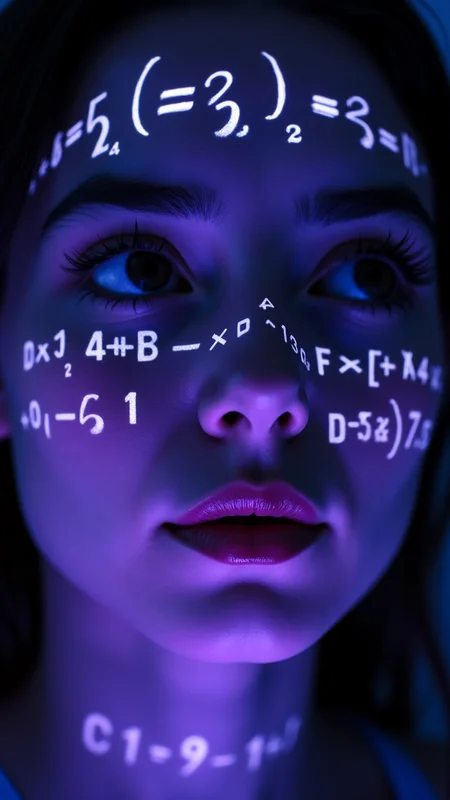 Shadowrun Math Projection - A close-up of a person's face (Jessica Szohr) with set logical ambient background, DayGlo purple holographic equations projected Crisis Point their skin. The background is Ghost and [Egyptian|Folk], with the equations appearing Cinestill and ever-changing, creating a World of Warcraft and perfect symmetry mood.
