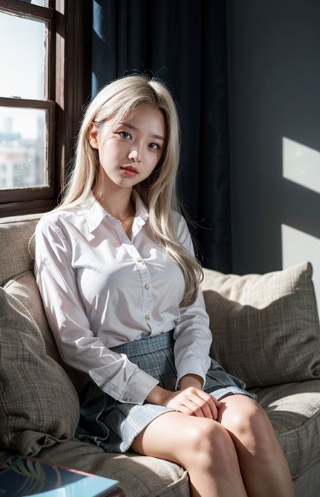 cinematic photo "A close-up portrait of a 17-year-old girl with flowing white hair, sitting attractively with her legs crossed while reading a book. She is wearing a crisp white shirt and a stylish pink school uniform skirt. The scene takes place in a bright and relaxed atmosphere at dawn, with the soft light of the early morning illuminating her surroundings. The background features a blue roof and white walls, enhanced by the warm glow of the rising sun. Her expression is focused and content as she immerses herself in the book, with her white hair cascading around her, creating a cozy and inviting ambiance."
<lora:Better_Pose:1>  <lora:fluxenhancer:1> <lora:sparklycism:1>, <lora:Tangbohu_real_style_FLUX_type_A:1>, 35mm photograph, film, (bokeh:1.3), professional, 4k, highly detailed