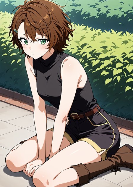 <lora:Caria_Rede__The_Beginning_After_the_End___Illustrious:1>
1 girl, solo, short hair, messy hair, wavy brown hair, green eyes, athletic body, 
sleeveless black turtleneck top, high-waisted dark shorts with belt, side hair clip, thigh-high brown boots with gold trim, anime style
score_9, score_8_up, score_7_up, masterpiece, best quality, absurdres, perfect anatomy, 1girl, solo, wariza, sitting, hands on own knees, garden background