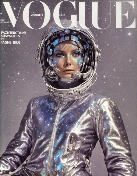She holographic leather, intergalactic fashion, cosmic vibes, space explorer attire, otherworldly chic, interstellar glamour, Space & Time Fashion Journal, cosmic nebulae.,highly intricate,(VOGUE Cover Magazine:1.15),1968, 60s, black letters, hyper detailed, photorealistic,,