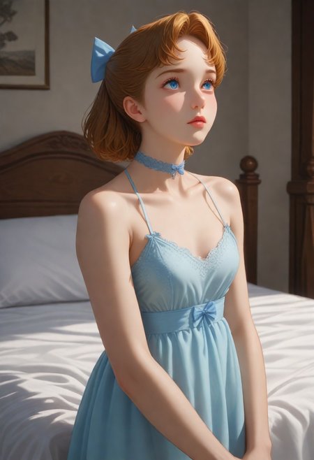 Source_anime, masterpiece, best quality, highly detailed, score_9, score_8_up, score_7_up
BREAK
21 years old WendyDarling, 1girl, solo, brown hair, hairbow, blue eyes, lipstick
, flat chest, small breasts,
Blushing, embarrassed,  perfectly detailed face and body and eyes, Expressiveh
reij-lcdrss01, blue transparent lace dress, blue ribbon choker, blue hairband, blue flower patterns, spaghetti straps, blue waistribbon
Standing, walking, full body view, side view
Medieval bedroom, medieval bed