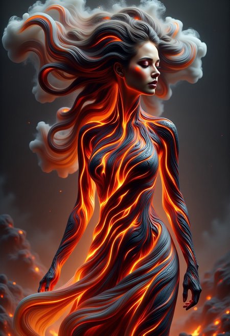 Create a hyper-realistic image of a female lava creature with glowing red eyes. Her hair appears as swirling tendrils of smoke, illuminated in orange by the glow of the lava, ascending and twisting like dense volcanic clouds. Emphasize the intricate fiery details of her molten form, including cracks and patches of cooled, solidified lava, and the otherworldly flow of smoke and embers around her.