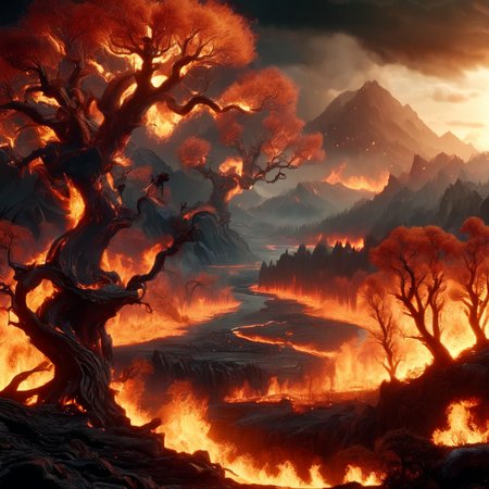 ignar fiery landscape, fire tree in the foreground, village, trees and mountains in the background, darkness, cinematic, enigmatic, photorealistic, very detailed<lora:ignar:1>