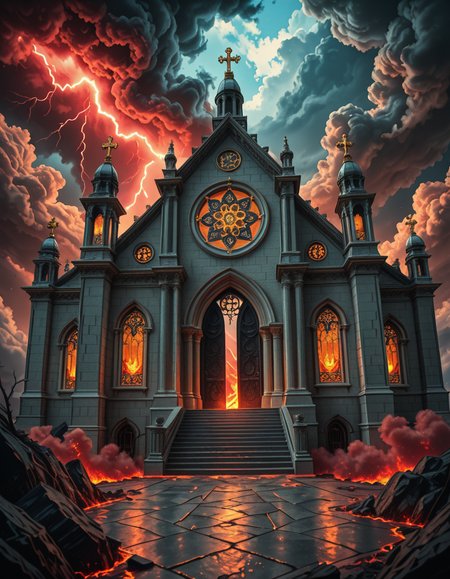A once-majestic celestial temple, now under siege by the forces of Hell. The grand white stone structure is cracked and scorched, its golden crosses twisted and broken. The stained-glass windows, once glowing with warm divine light, are now shattered, with demonic symbols glowing ominously in their place. The sky, once a serene blue, is now consumed by dark storm clouds, swirling with red lightning and thick smoke.
Black, jagged chains extend from the sky, wrapping around the temple as if trying to pull it down into the abyss. The once-fluffy clouds beneath the structure are now a chaotic mix of fire, ash, and dark mist, with glimpses of molten lava cracks below. Infernal creatures with glowing red eyes lurk in the shadows, their silhouettes barely visible through the smoke and fire.
The temple doors are blown open, revealing an eerie red glow emanating from within, as if Hell itself is consuming the sacred space. Massive demonic runes are etched into the stone, pulsating with an unholy energy. The entire scene is bathed in a deep crimson and orange glow, giving it an apocalyptic and nightmarish atmosphere.
Style & Lighting:
- Dark fantasy, highly detailed
- Dramatic, high-contrast lighting with fiery glows
- Cinematic composition, epic scale
- Strong use of shadows, embers, and atmospheric foghighly detailed and atmospheric view from inside a massive birdcage, large enough for a human to stand inside. The cage is made of ornate, aged metal bars with intricate Victorian-style patterns, curving elegantly towards the domed ceiling. Sunlight filters through the gaps between the bars, casting long, dramatic shadows on the wooden floor. Delicate vines and small flowers have begun to grow around the bars, adding a touch of nature reclaiming the space. The background beyond the cage is blurred, hinting at a lush garden or a mysterious, abandoned mansion. The ambiance is serene yet slightly melancholic, with warm golden light illuminating dust particles floating in the air. Soft feathers are scattered on the floor, adding to the sense of quiet abandonment. The perspective makes the viewer feel as if they are inside the cage, looking outward, surrounded by both beauty and confinement. The style is highly detailed and realistic, with a cinematic and slightly surreal atmosphere.
<lora:SDXLFaeTastic2400:0.4> <lora:extremely_detailed:0.4> extremely detailed 
<lora:evil_celestial_t3mpl3-i:1> evil celestial t3mpl3, Masterpiece,best quality,hi res,8k,hi res,8k,award winning,(sharp focus, intricate, highly detailed),