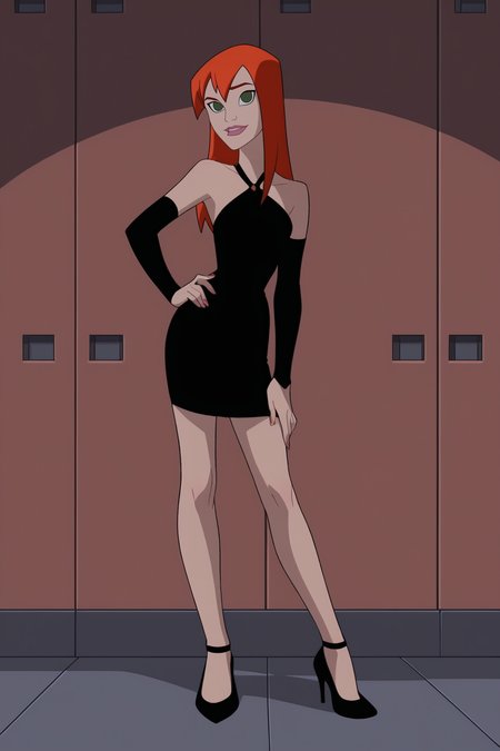 2D, source_cartoon, score_9, score_8_up, score_7_up, score_6_up, score_5_up, score_4_up, BREAK, 1girl, <lora:Mary_Jane-000002:1>, Mary Jane, Marvel, green eyes, orange hair, detached sleeves, black dress, bare shoulders, modeling pose, hand on hip, full body