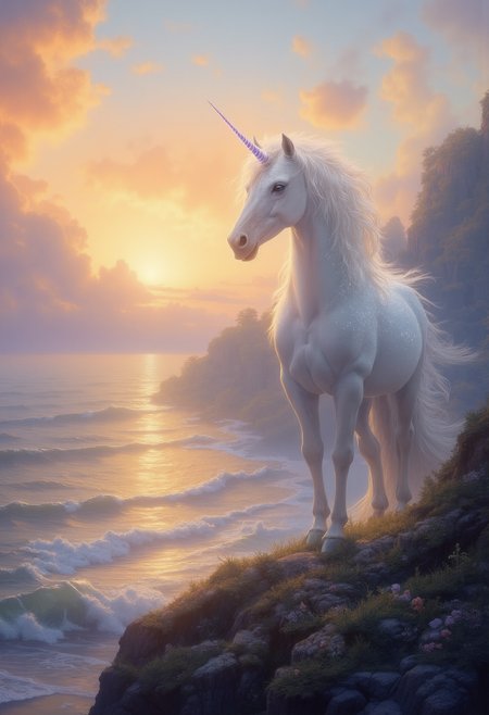 A majestic white unicorn standing on a cliffside overlooking a serene ocean at sunset. The unicorn's coat is pearlescent, shimmering in the warm, golden light. Its long, flowing mane sparkles with strands of silver and gold, and its spiraled horn glows faintly with an inner light. The creatureâs eyes are large and filled with wisdom, gazing out towards the horizon. In the distance, waves gently lap against the shore, while soft clouds drift across the sky, painted in hues of orange, pink, and purple. The scene is peaceful and magical, with soft, ethereal lighting highlighting the purity of the unicorn.      <lora:FluxDFaeTasticDetails:0.83> <lora:sxz-Dark-Fantasy-v2-Flux:0.66> drkfnts style,