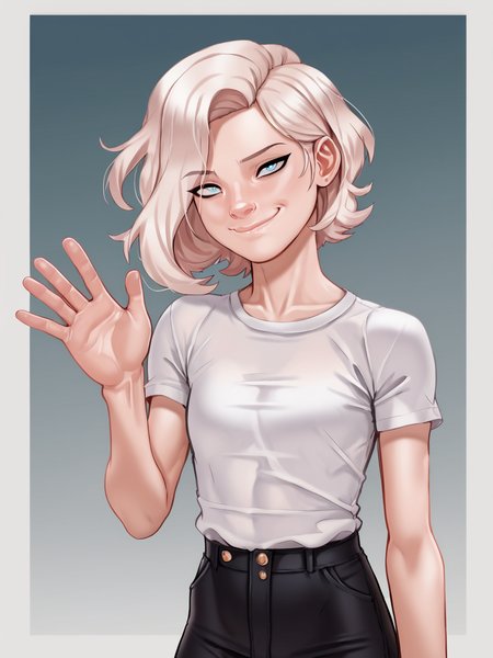 score_9, score_8_up, score_7_up,  score_6_up, BREAK, LilValentina, short hair, blue eyes, looking at viewer, closed mouth, smile, raise right hand, waving, <lora:Valentina:1>