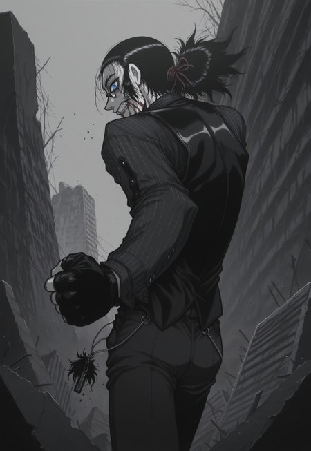 masterpiece, best quality, amazing quality, masterpiece, best quality, amazing quality, 1Boy, DarkWalter, blue eyes, black hair, back slicked ponytail, red hair ribbon, monocle, monocle over left eye, black tie, black vest, black pinstripe shirt, black pants, black fingerless gloves, keychain, standing. cowboy shot, dynamic pose, perspective, looking at viewer, angry, clenching teeth, ruins, blood on face, blood on mouth, evil smile,evil grin,crazy eyes, greyscale, monochrome,