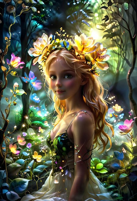 A vibrant and enchanting close up head shot photo of a cute and happy young girl with flowing blonde hair and a flower crown, exploring a misty magical forest on the summer solstice. shallow depth of field, realistic, skin pores, imperfections. She is accompanied by friendly bioluminescent fairies with crystal sparkling wings, fireflies and woodland creatures, with the sun setting in the background, casting a golden glow over the scene. The lush greenery and colorful white flowers make the image lively and captivating, perfect for celebrating a summer birthday. Extremely detailed, intricate, whimsical, magical, alcohol inks