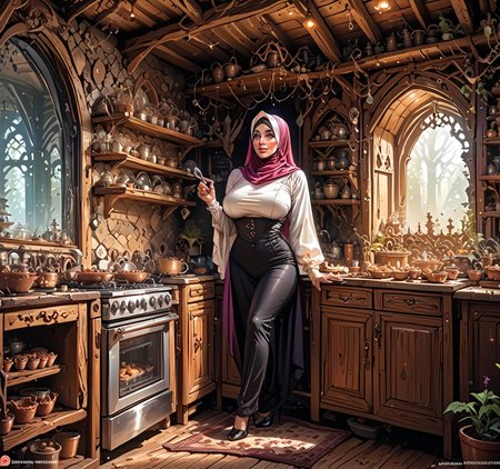 w1tchhut, l0rdstevie, ((1girl, solo, mature hijabwitch, curvy, hijab, in kitchen, cooking)), indoors, detailed background, score_9, score_8, score_7, score_6, score_5, score_4, <lora:FairytaleWitchHut:1>, cinematic lighting, <lora:Pony_DetailV2.0:1> <lora:Hijabwitch:0.75> <lora:Lordstevie_Style_Pony:1>