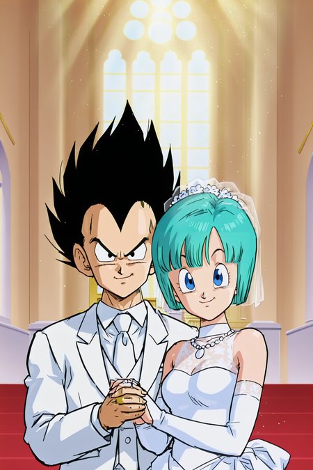 bride and groom, holding hands,  indoors, upper body, church, wedding alter, looking at viewer, 
anime screencap, masterpiece, best quality, amazing quality, very aesthetic, absurdres,  newest, (scenery, volumetric lighting), official style, dappled sunlight, light particles, light rays,
vegeta, black hair, ((black eyes)),wedding, groom, white suit, white necktie, spiked hair, 
bulma, android saga, short hair, aqua hair, bangs, blue eyes, bob cut, wedding dress, sleeveless, bridal gauntlets, smile, happy
<lora:Vegeta_IL:0.8>,  <lora:Bulma_XIL:0.8>