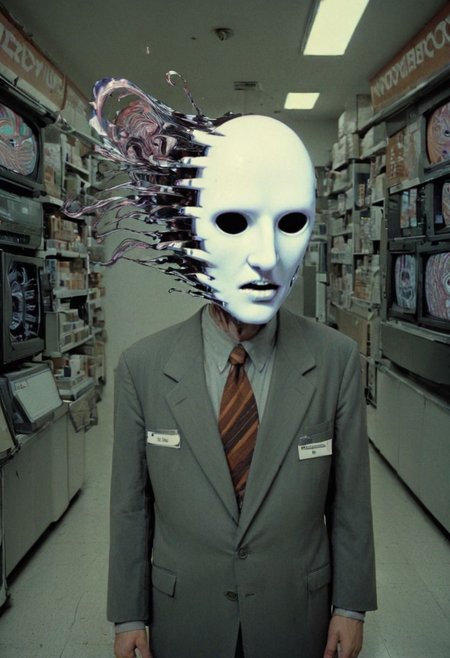 the man is a slicer: the slicer slices face's slices into further slices: the other man is the puller. The puller pulls the slices apart into planar sections dividing the entire image, and the face becomes a mask of incomprehension slit into an array of emigmatic glowing visions, both paranoiac and wildly schizoid. He has a haunting, bone aching beauty that is impossible to ignore, androgeny.