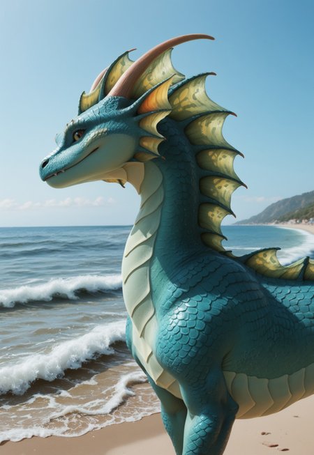score_9, score_8_up,score_7_up, score_6_up, score_5_up
solo, source_furry, 
feral, female dragon, sea dragon, aquatic dragon, western dragon, webbed claws, frill gills. long back frills, neck frill, elbow frill, tail fin, dorsal frill, marine scales, aqua color scales, green frill, two-tone skin, green underbelly,
walking along beach, looking at viewer, smug face, side view, close up, portrait,
daytime, beach, huge waves, ocean,