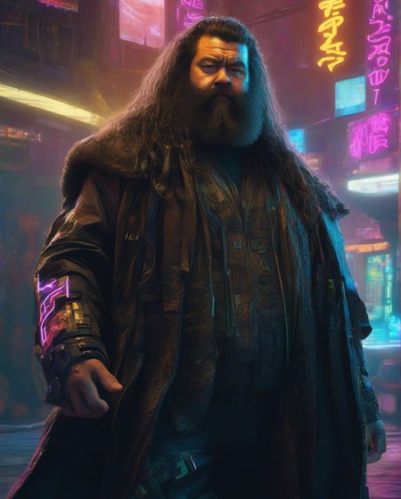 Hagrid,in a dystopian cyberpunk city, (cyborg:1.3), bladerunner, dark misty street, punk hairstyle, cybernetic face modifications, body modification, illustration, backlighting,  wearing cyberpunk clothes, neon signs, misty, <lora:detail_slider_v4:2.5> cyberpunk 2077 <lora:Cyberpunk 2077:0.7>  <lora:hagrid:0.7>