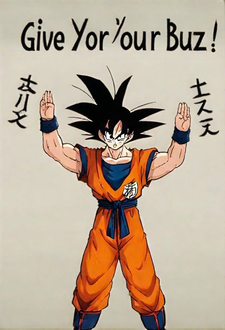 Anime style , solo, gkudbz, Detailed, goku, angry raise up hands,（（holding sign with text "Give your buzz to me!"））