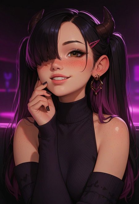 score_9, score_8_up, score_7_up, score_6_up, 
1girl, 25 years old, perfect face, cute, petite, looking at viewer, make up, close view, close up,
freckles, demon horns, 
brown eyes, 
ear piercing, long hair, multicolored hair, black hair, purple hair, hairclip, two side up, hair over one eye, 
purple chocker, 
plaid sweater, purple sweater, black sweater, bare shoulders, detached sleeves, black nails, 
blush, shy smile, 
portrait, face focus, detailed face,
party, nightclub,