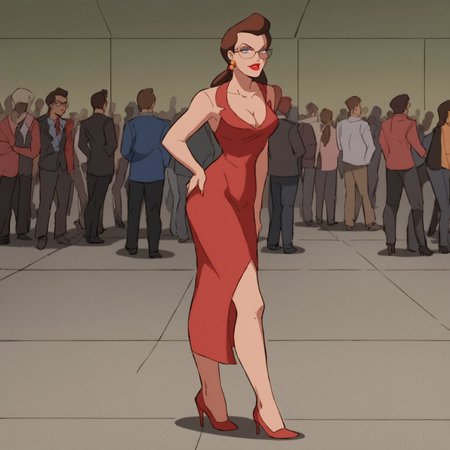 safe_pos, safe_pos, safe_pos, score_9, score_8_up, score_7_up, solo, 1girl, makeup, lipstick, hair loose, long hair, brown hair, blue eyes, no pupils, glasses, earrings, red dress, red elegant dress, cleavage, collarbone, ellegant room, crowd, Janet Van Dorn (dc), standing, high heels, looking at viewer 