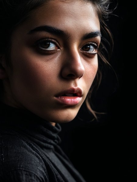 Cinematic fashion photograph  Amina_Massoud_P_MXAI_SDXL , intense expression, extreme closeup shot, black background,