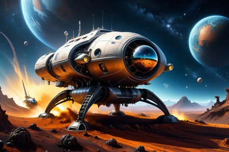 photorealistic, detailed digital illustration of a <lora:HRGigerAI:0.7> HRGigerAI Compact exploration rover deploying from spaceship,  Exoplanets with diverse ecosystems in the background<lora:xl_more_art-full_v1:0.4>,  beautifully lit, space, deep space, space craft, <lora:Rainbow_Style:0.6>