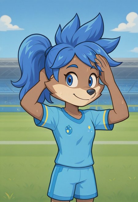 (spikyhair, spiked hair:1.6), solo, cabulosa, anthro, ponytail, blue soccer kit, forearm on forehead, sweating, soccer field, blue hair, brown fur