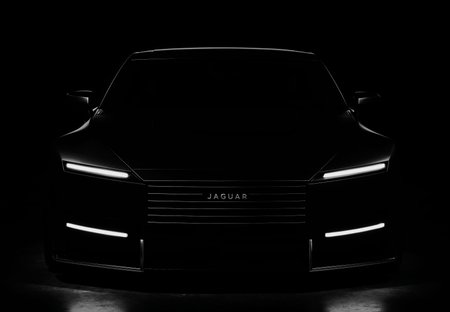 A dramatic automotive studio scene featuring a sleek black Jaguar Type against a deep black background. The car's muscular form is sculpted through strategic light painting techniques, creating precise highlights along its horizontal linear grille, slim LED headlights, and flowing body lines. The glossy black paint reflects carefully positioned studio lights, revealing the car's sculptural details while maintaining deep shadows.The logo in the Jaguar Type reads JAGUAR, The lower black fascia features subtle chrome accents that catch the light dramatically. The scene employs professional automotive lighting techniques with multiple light sources to create an edgy, kinky atmosphere, emphasizing the car's powerful presence through controlled reflections and shadow play.
